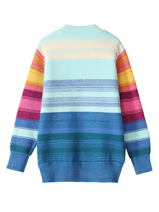 Oversized Sweater Women 2025 Fashion Rainbow Striped Embroidered Letters Knitted Pullovers Loose Casual Streetwear Tops C-119