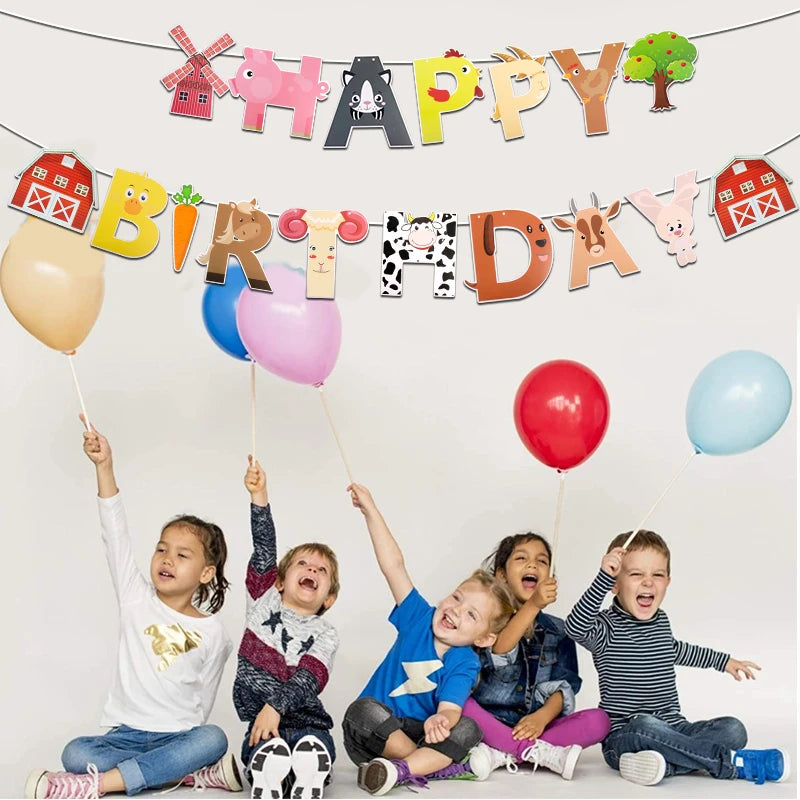 Farm Birthday Party Banner Cartoon Animal Party Decoration Farm Pig Cat Banner Kids Birthday Party Garland Kids Party Supplies
