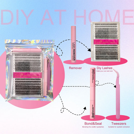 14 Rows DIY Lash Extension Kit Volume Lash Clusters Mix Curl Individual Lashes Kit with Lash Bond and Seal Lash Tweezers Remover