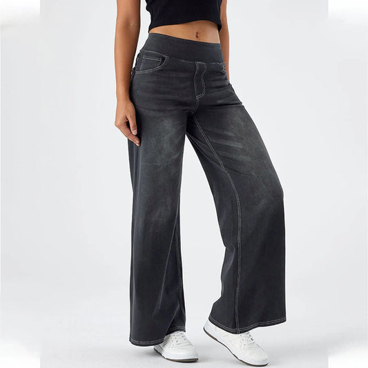Fashion Baggy Jeans For Women Bleached Vintage High Waist Wide Leg Denim Pants With Pockets Boyfriend Stretchy Palazzo Pants