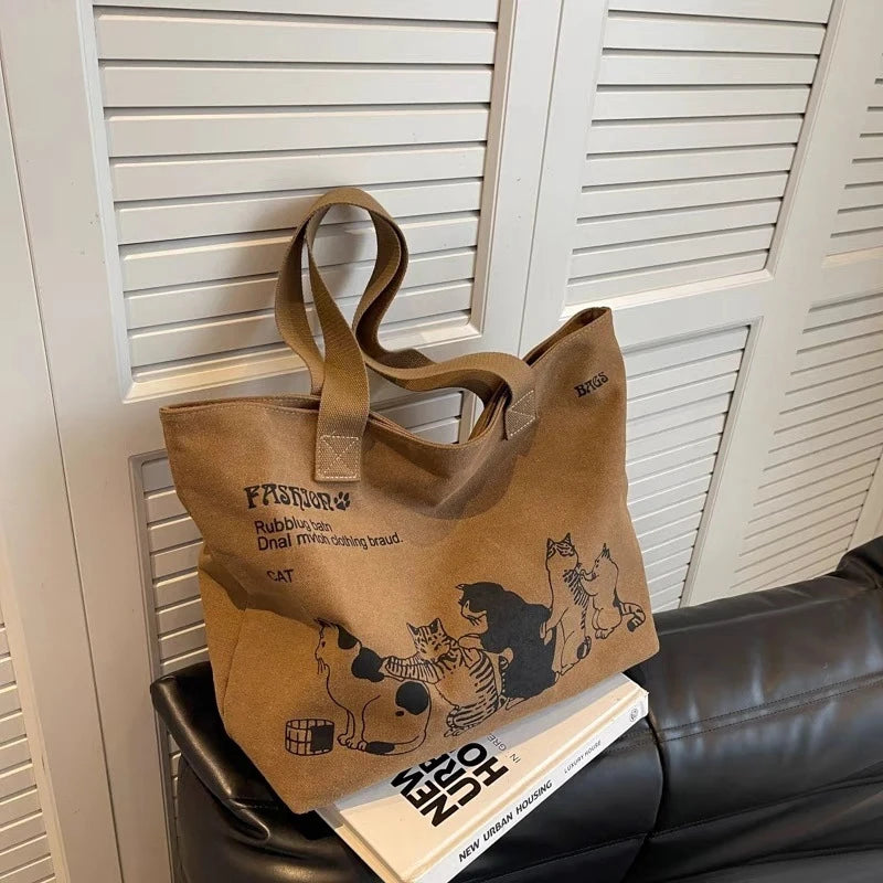 Canvas Totes Large Capacity Storage Handbag Women Tote Anime Cat Letters Shoulder Bags Girls Casual Commute Bag Portable Big Bag