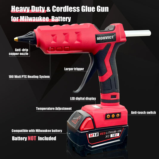 Upgraded 100W Cordless Glue Gun for Milwaukee 18V Battery, Digital Temperature Adjustable Full Size Heavy Duty with 10 Sticks