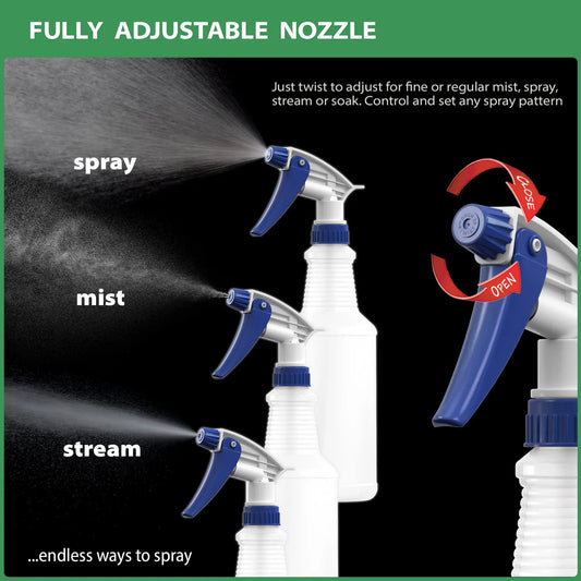Plastic Spray Bottles, Leak Proof, Empty 16 oz.Cleaning Solutions, Adjustable Head Sprayer Fine to Stream
