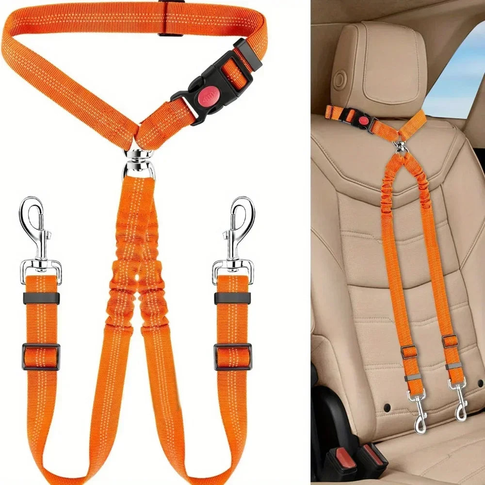 Double Dog Car Harness Safety Seatbelt Adjustable Pet Travel Restraint for 2 Dogs Heavy Duty Crash Tested Elastic Splitter Headr