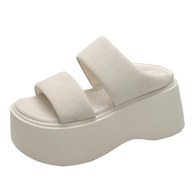 Summer 2023 Chunky Sandals Women's Thick Bottom Wedge Heels Slides 8CM High Heels Platform Leather Casual Beach Flip Flops Woman