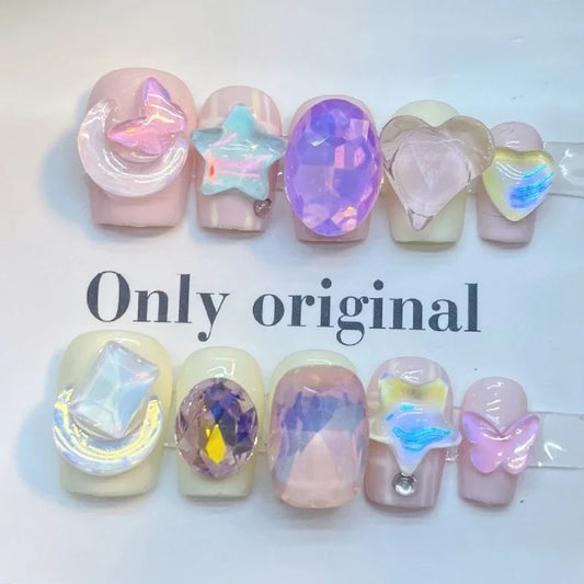 10Pc Acrylic Kawaii Press on Nails Cute Funny Fake Nails with Cartoon Animal Nails Wearable Short Square Full Cover Manicure Tip