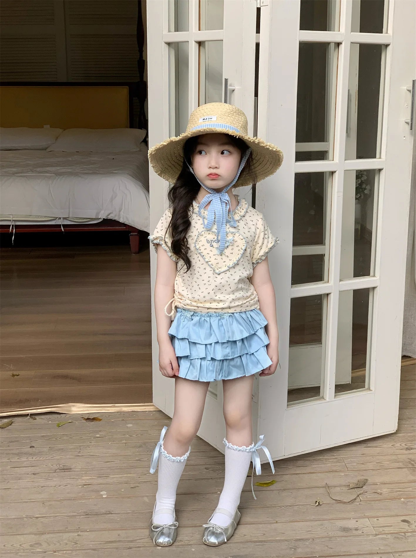 Baby Set 2025 Short Sleeved T-shirts New Summer Floral Top for Girls Solid Cake Skirt Two-piece Set