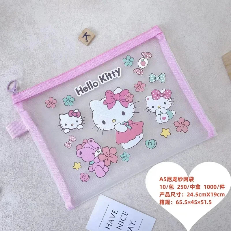 Sanrio Mesh Pen Bag Kuromi Cinnamoroll Cartoon Student Waterproof Storage Bag Translucent Matte Student Supplies