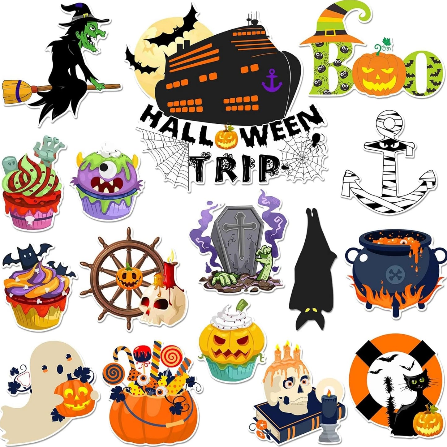 16 Pcs Halloween Cruise Door Decorations Magnetic Halloween Car Magnets Anchor Life Preserver Pumpkin Bats Skeleton Magnets for