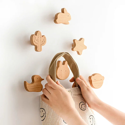 1PCS Solid Wood Hooks Cute Room Decor Animal Hook Wall Hanging Key Coat Hook Home Decoration Hanger Bathroom Kitchen Accessories