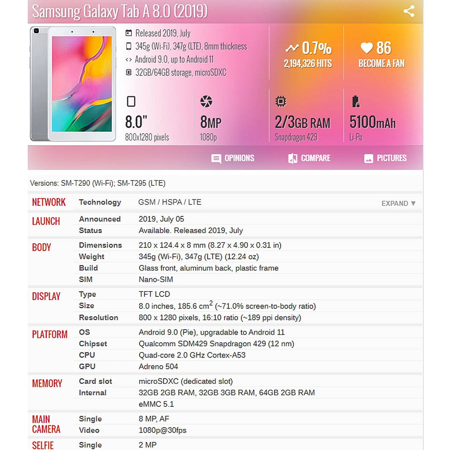 Tablet LCD For Galaxy Tab A 8.0 2019 T290 T295 SM-T290 SM-T295 LCD Display with Touch Screen Digitizer Replace Screen