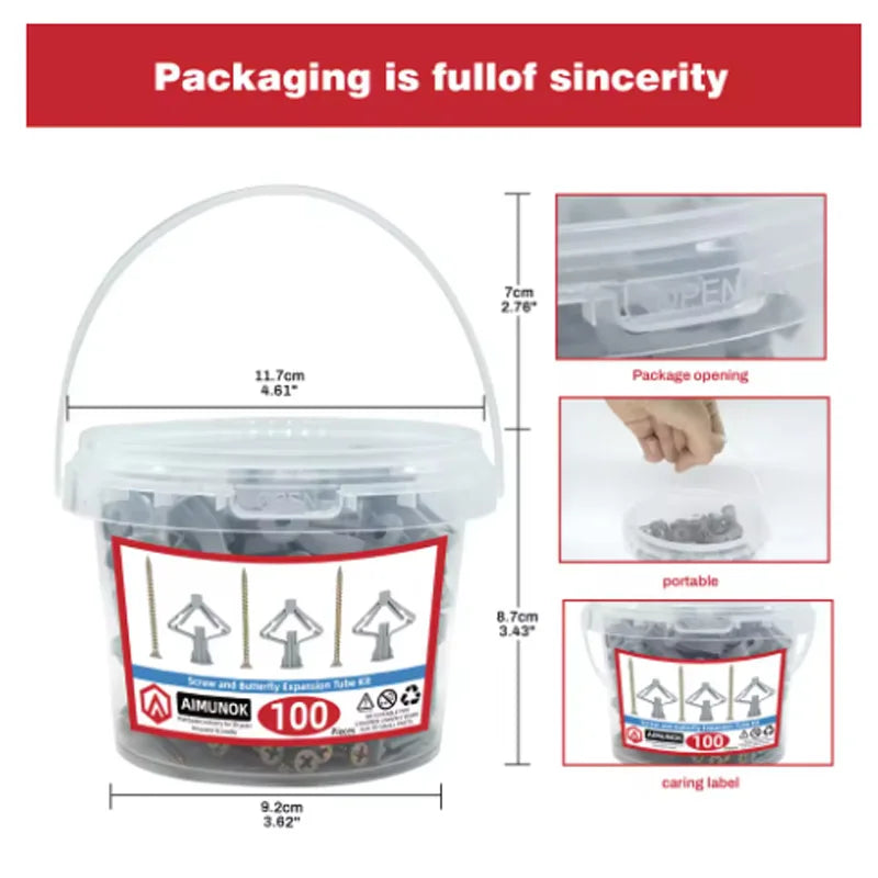 100pcs Drywall Anchor Kit Hollow Wall Anchors Plasterboard Plugs Screws Butterfly Expansion Tube Pipe 50 Set