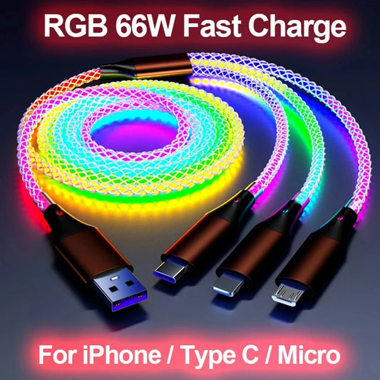 3 in 1 Glowing LED Light 6A 66W Fast Charging Micro USB Type C Cable For iPhone Samsung Xiaomi Redmi Phone Charger USB Cable