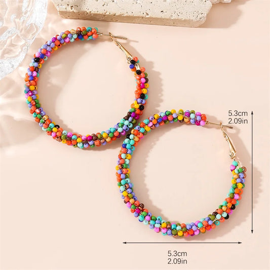 Bohemian Colorful Beads Hoop Earrings For Women Handmade Boho Vintage Gold Color Hoops Big Statement Jewelry Earrings Gifts