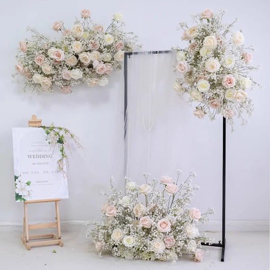 Luxury White Rose Babys breath Artificial Flower Row Wedding Backdrop Arch Decor Hang Floral Arrangement Event Party showcase