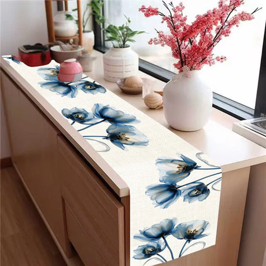Blue Tulip Table Runner for Dining Table Kitchen Decor Anti-stain Dining Table Tablecloth Rectangular Dining Table Runner