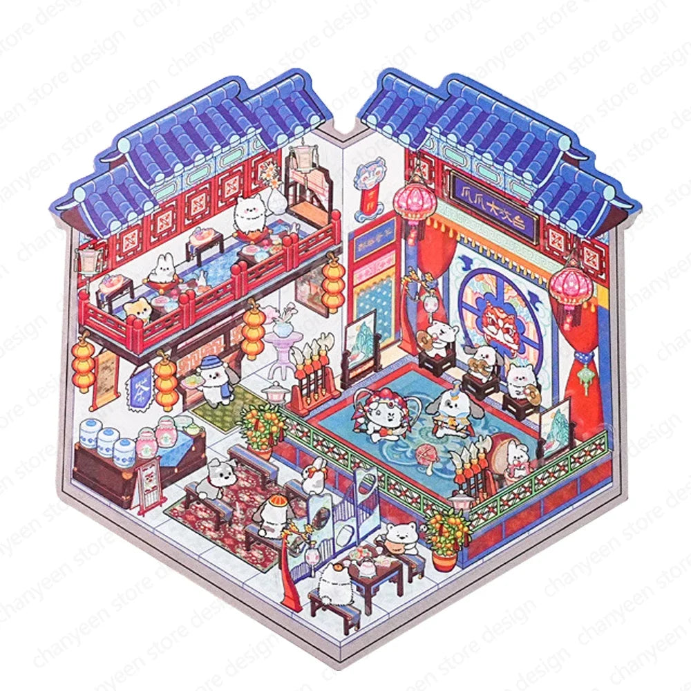 Cartoon 3D Chinatown Landscape Sticker Theater Pharmacy Restaurant DIY Pocket Cabin Scene Stickers Gift for Kid Child