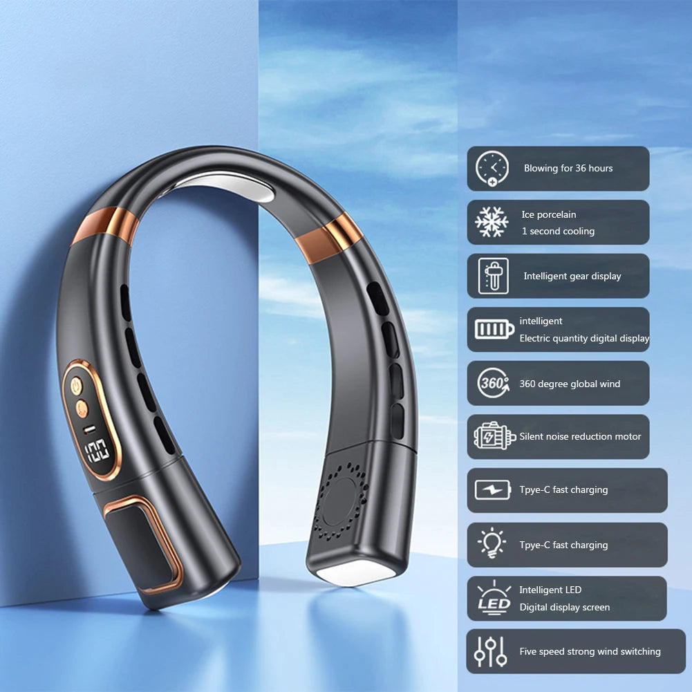 Portable Neck Fan LED Digital Display Hanging Neck Fan Leafless Air Cooler Mute USB Rechargeable Cooler with Atmosphere Light