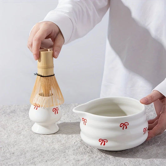 5 pieces of white bow decal ceramic matcha set, matcha set includes matcha bowl, matcha mixer and holder, bamboo spoon, sieve