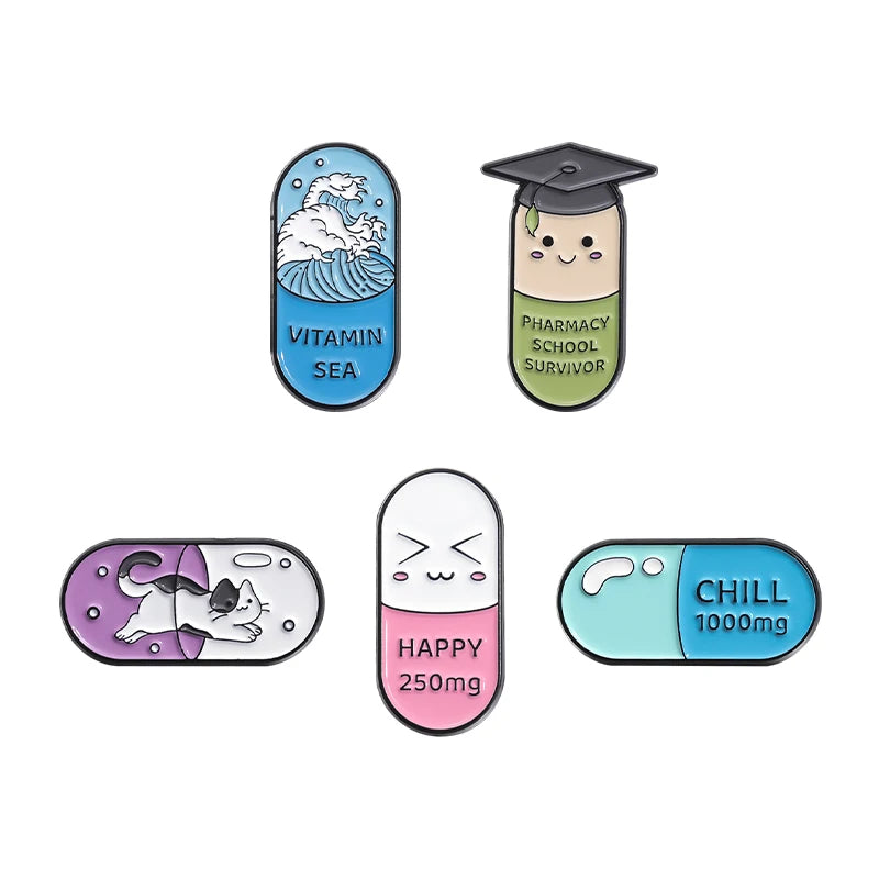 Happy Capsule Pill Enamel Pin Vitamin Sea Pharmacy School Survivor Pharmacist Brooch Badge Jewelry Gift For Medical Student