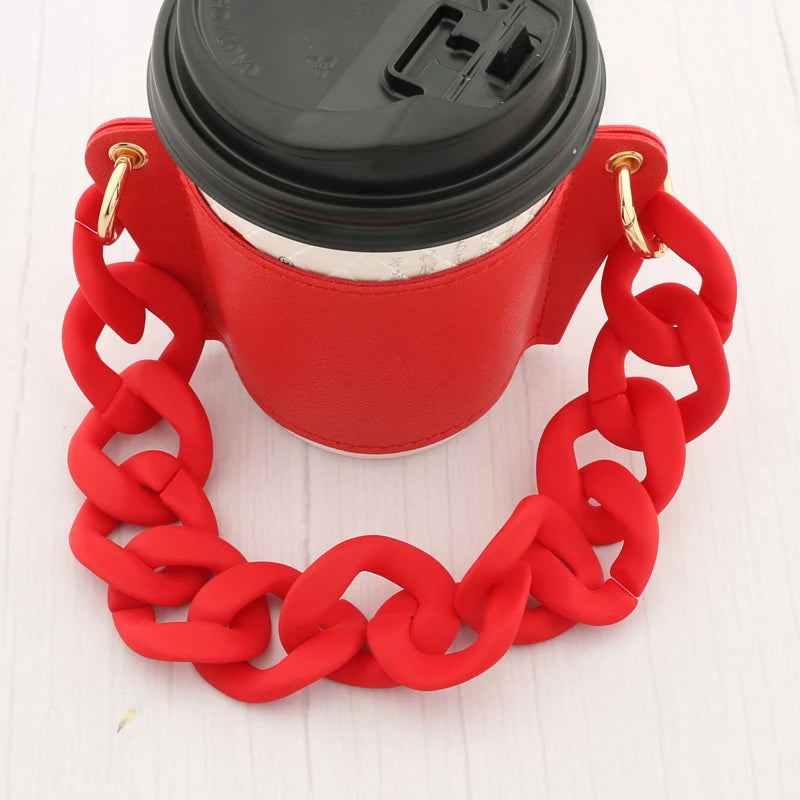 Reusable Leather Cup Coffee Sleeve with Chain Hot Coffee Iced Coffee Sleeve Leather Drink Carrier For Coffee Drinks Coffee Purse