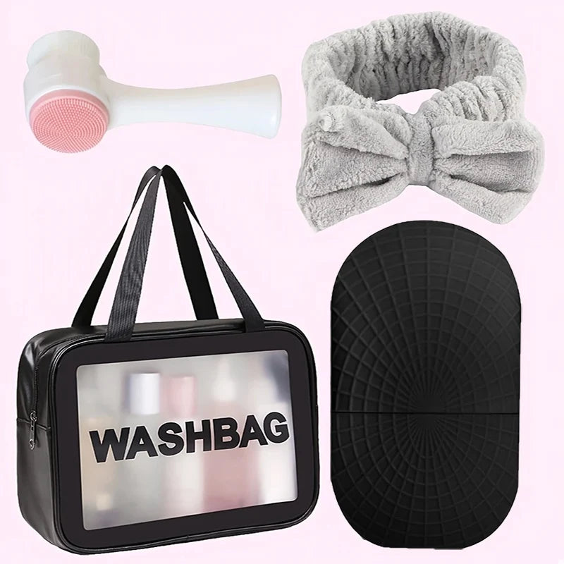 4-Piece Skin Care Gift Set: Ice Roller, Coral Fleece Headband, Makeup Bag and Cleansing Brush - Beauty Tools, Headband