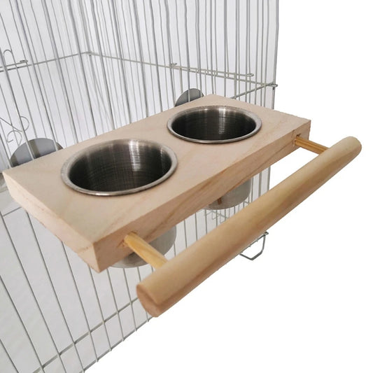 Bird Feeding Cup Hanging Parrot Feeder Stainless Steel Food Water Bowls with Platform Perch for African Greys Budgies Y5GB