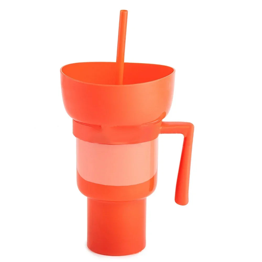 Portable Snackies Cup 2 in 1 Splash Proof Leakproof Top Snack Bowl on Drink Cups Popcorn Stadium Tumbler with Straw Cinema Trip