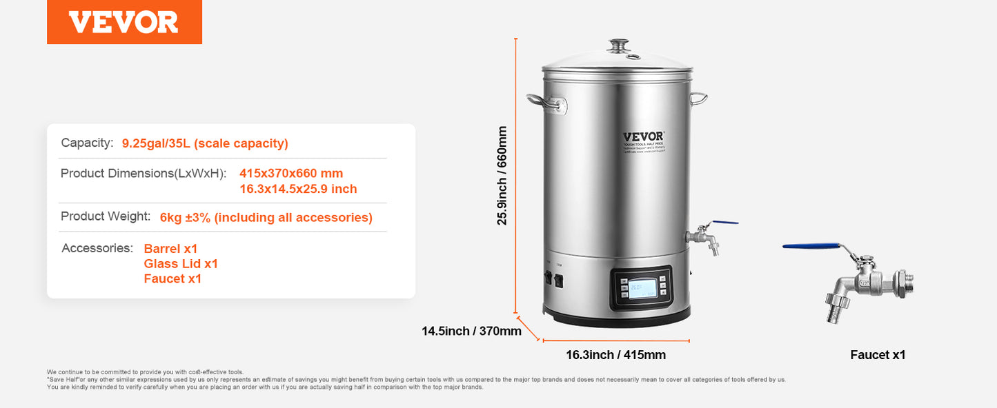 VEVOR Electric Brewing System 8 GALLON Brewing Stock Pot All-in-One Home Beer Brewer 304 Stainless Steel Brewing Supplies