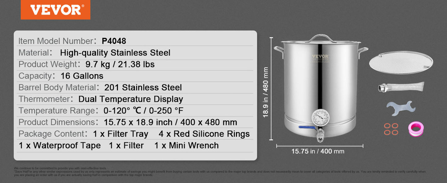 VEVOR Stainless Steel Kettle 16 GALLON Brewing Pot Tri Ply Bottom for Beer Brew Kettle Pot Home Brewing Supplies Includes Lid
