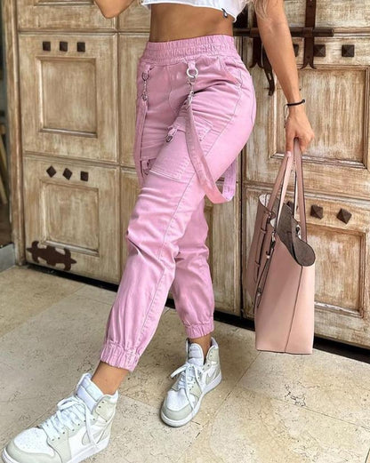 Women's Cargo Pants Casual Trousers 2023 New Solid Color Trend Street Pocket Design Cuff Suspenders Decorative Cargo Pants