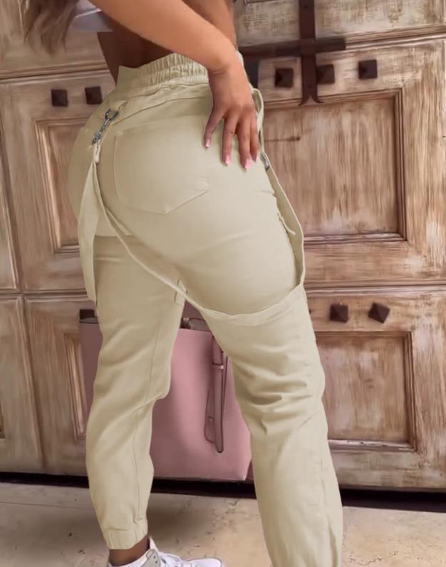 Women's Cargo Pants Casual Trousers 2023 New Solid Color Trend Street Pocket Design Cuff Suspenders Decorative Cargo Pants