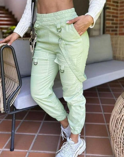 Women's Cargo Pants Casual Trousers 2023 New Solid Color Trend Street Pocket Design Cuff Suspenders Decorative Cargo Pants