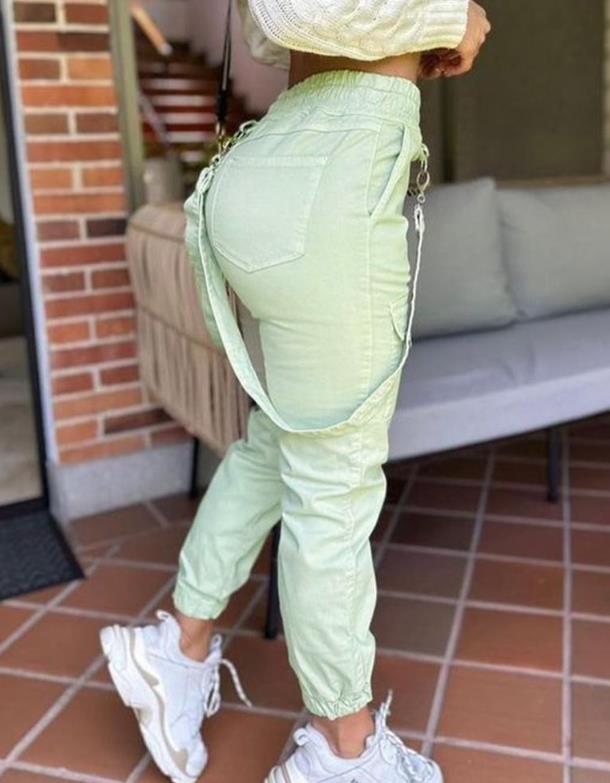 Women's Cargo Pants Casual Trousers 2023 New Solid Color Trend Street Pocket Design Cuff Suspenders Decorative Cargo Pants