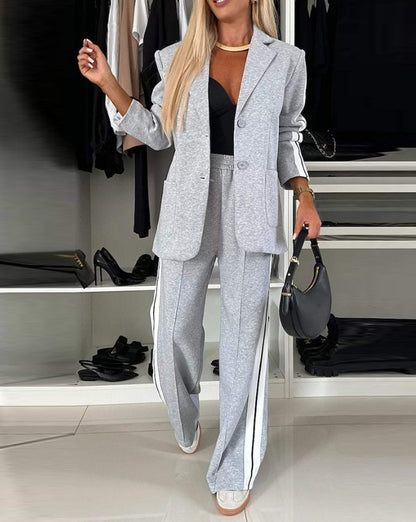 Women's Fashion Suits Autumn Winter Latest 2025 Striped Side Sporty Tape Notched Collar Front Button Blazer Wide-Leg Pants  Set