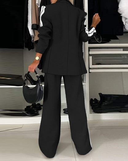 Women's Fashion Suits Autumn Winter Latest 2025 Striped Side Sporty Tape Notched Collar Front Button Blazer Wide-Leg Pants  Set