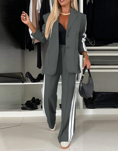 Women's Fashion Suits Autumn Winter Latest 2025 Striped Side Sporty Tape Notched Collar Front Button Blazer Wide-Leg Pants  Set