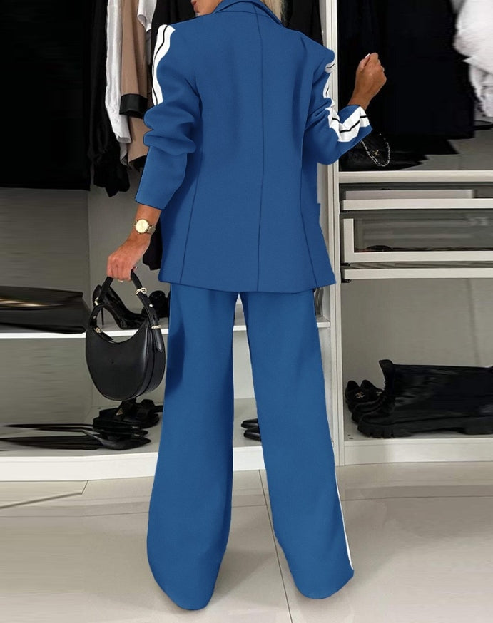 Women's Fashion Suits Autumn Winter Latest 2025 Striped Side Sporty Tape Notched Collar Front Button Blazer Wide-Leg Pants  Set