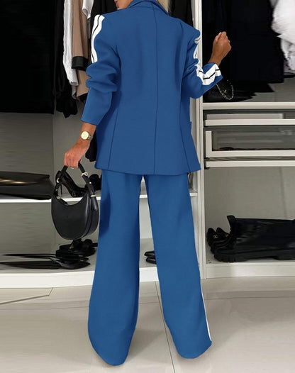 Women's Fashion Suits Autumn Winter Latest 2025 Striped Side Sporty Tape Notched Collar Front Button Blazer Wide-Leg Pants  Set