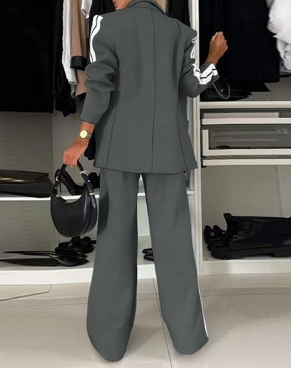 Women's Fashion Suits Autumn Winter Latest 2025 Striped Side Sporty Tape Notched Collar Front Button Blazer Wide-Leg Pants  Set