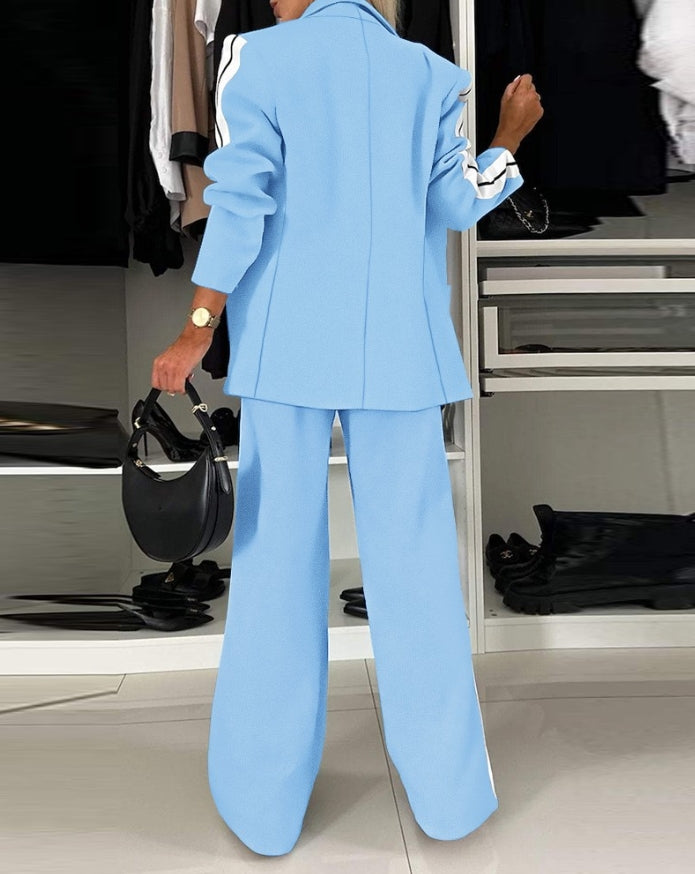 Women's Fashion Suits Autumn Winter Latest 2025 Striped Side Sporty Tape Notched Collar Front Button Blazer Wide-Leg Pants  Set