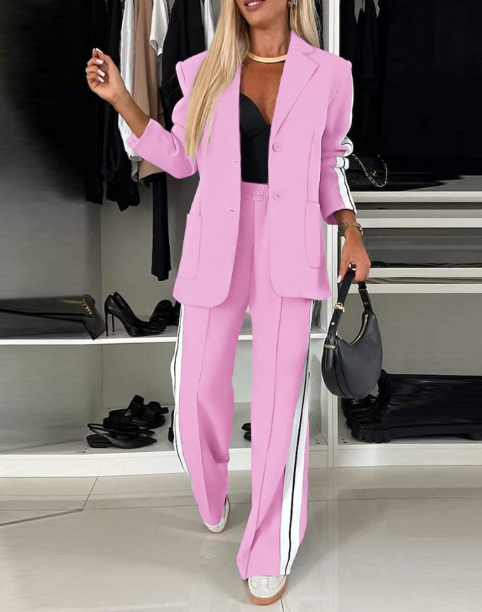 Women's Fashion Suits Autumn Winter Latest 2025 Striped Side Sporty Tape Notched Collar Front Button Blazer Wide-Leg Pants  Set