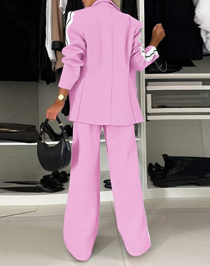 Women's Fashion Suits Autumn Winter Latest 2025 Striped Side Sporty Tape Notched Collar Front Button Blazer Wide-Leg Pants  Set