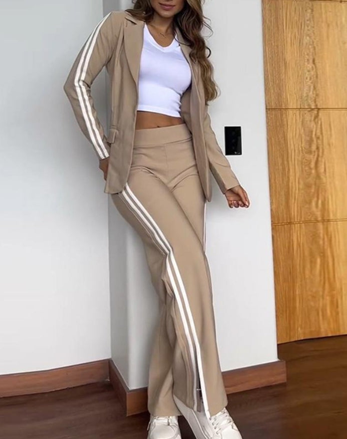 Women's Fashion Suits Autumn Winter Latest 2025 Striped Side Sporty Tape Notched Collar Front Button Blazer Wide-Leg Pants  Set