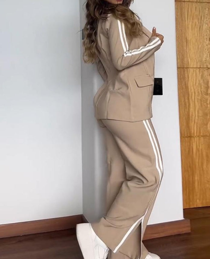 Women's Fashion Suits Autumn Winter Latest 2025 Striped Side Sporty Tape Notched Collar Front Button Blazer Wide-Leg Pants  Set