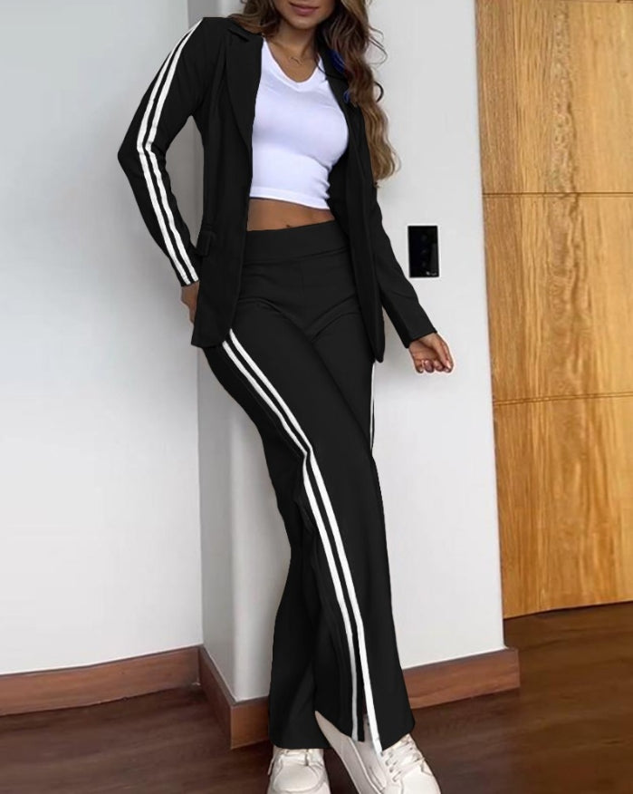 Women's Fashion Suits Autumn Winter Latest 2025 Striped Side Sporty Tape Notched Collar Front Button Blazer Wide-Leg Pants  Set