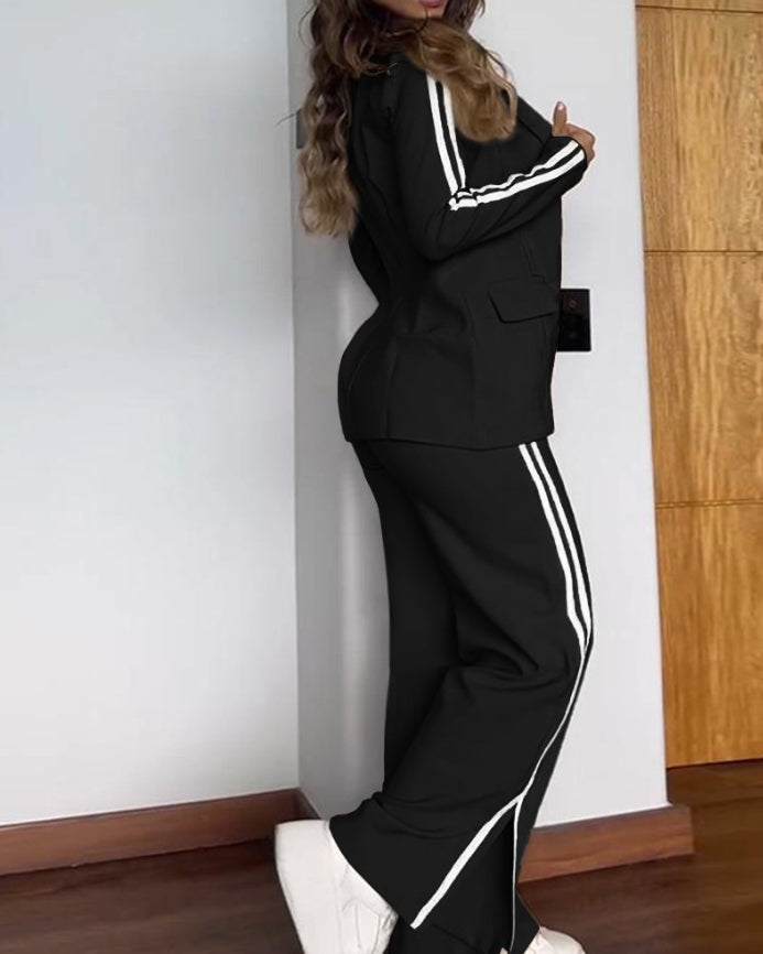 Women's Fashion Suits Autumn Winter Latest 2025 Striped Side Sporty Tape Notched Collar Front Button Blazer Wide-Leg Pants  Set