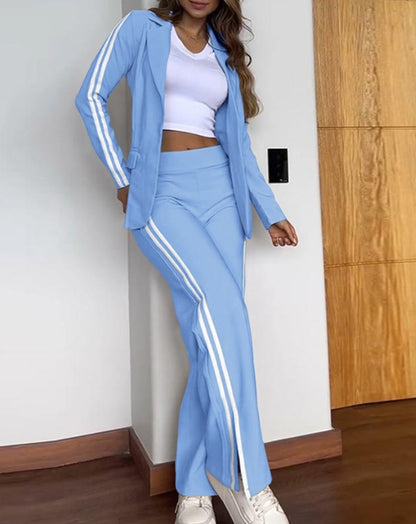 Women's Fashion Suits Autumn Winter Latest 2025 Striped Side Sporty Tape Notched Collar Front Button Blazer Wide-Leg Pants  Set