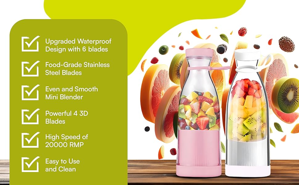 Fresh Juice Portable Blender USB Rechargeable Juicer Cup 6 Blades Multifunctional Electric Juicer Cup Fruits Milk Mixing Blender