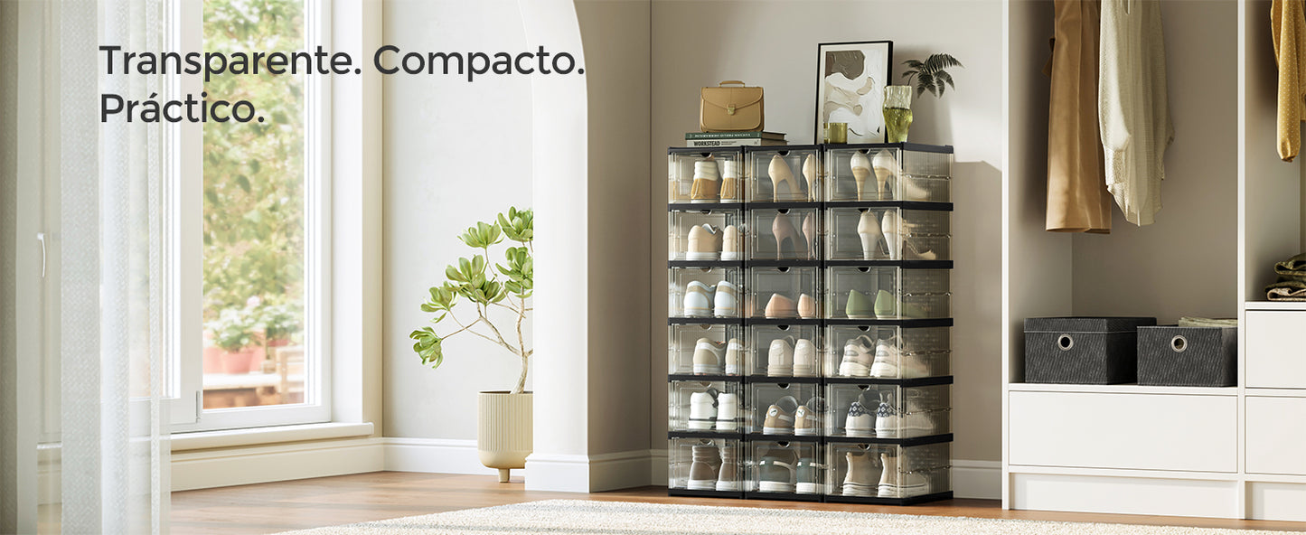 SONGMICS Shoe Boxes, Set of 12 Stackable Shoe Organizers, Set of 2 Foldable and Portable Shoe Racks, up to Size 46